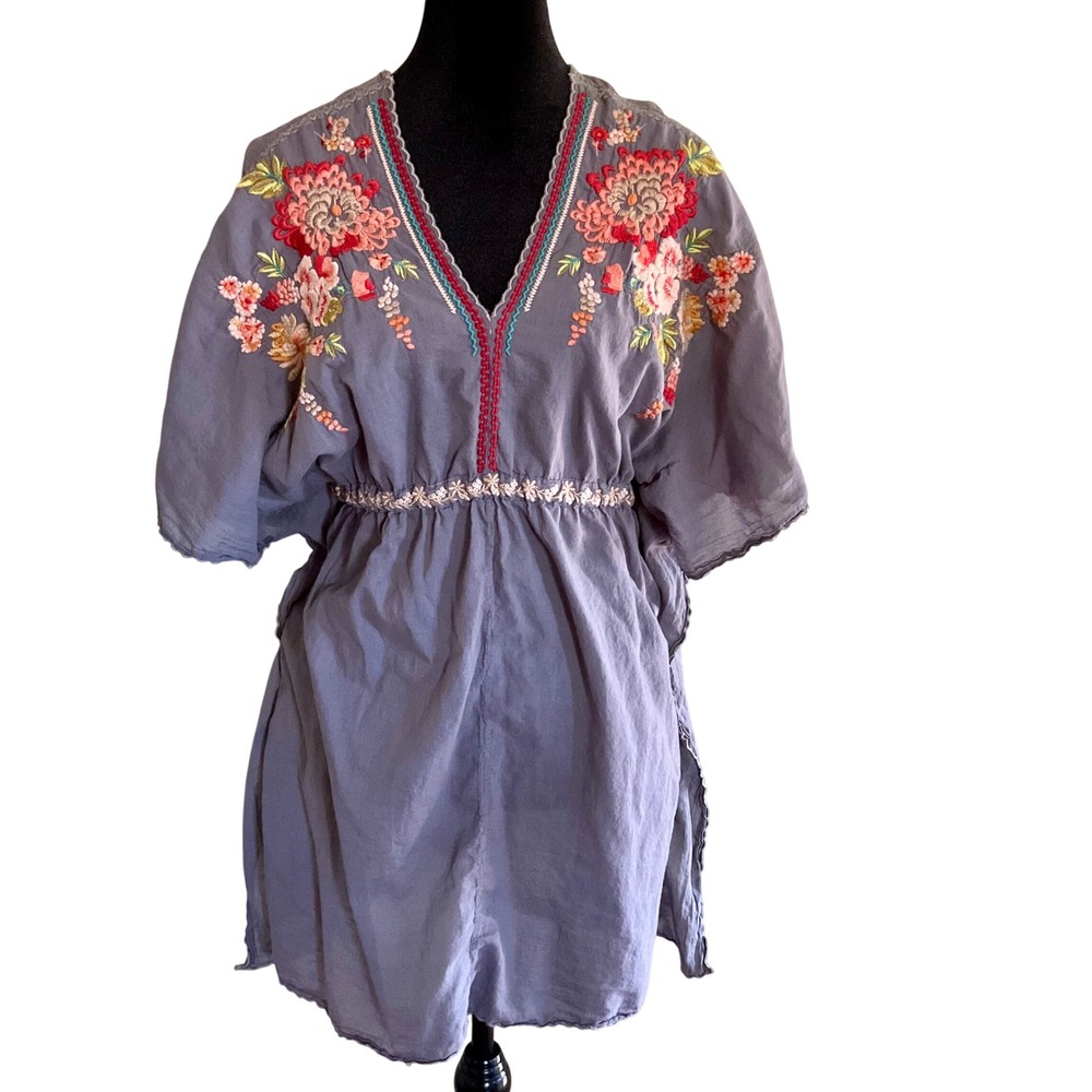 Johnny Was Embroidered Floral 100% Cotton‎ Kaftan Tunic Top Blue Boho LC81749 L
